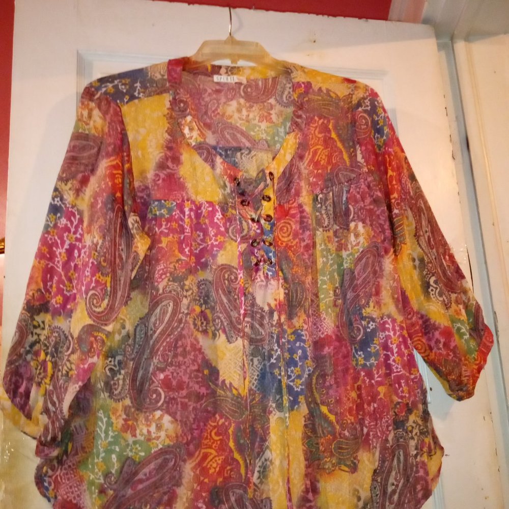 SPENSE PINK AND GREEN FLORAL BLOUSE WITH DRAWSTRINGS FOR A BOW, SIZE 1X